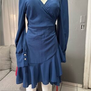Blue Long-Sleeve Wrap Ruffle Dress